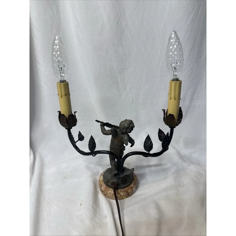 VTG Figural Cherub Double Arm Table Lamp Spelter Marble Base Art Nouveau Style